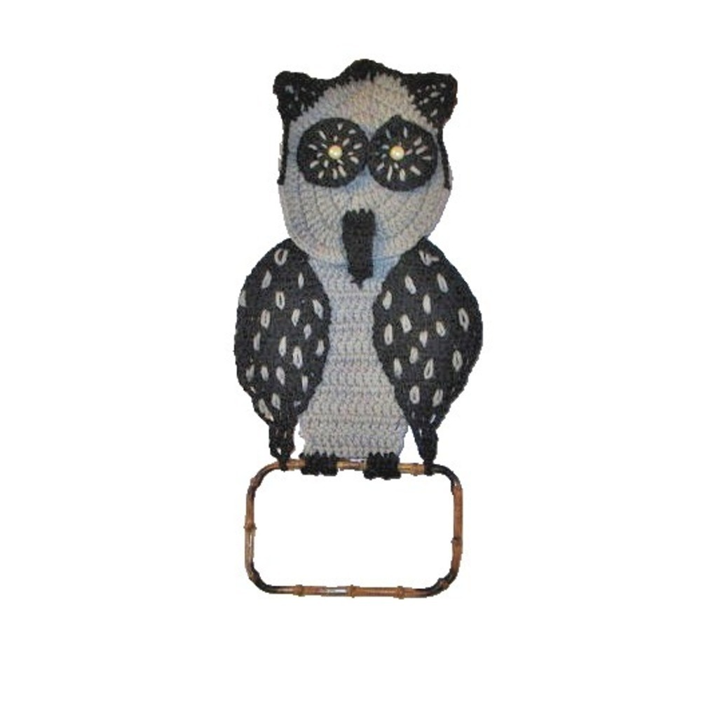 Vtg Kitschy Owl Towel Holder Wall Decor Bamboo Knit Pearl Eyes Hanging Bird MCM